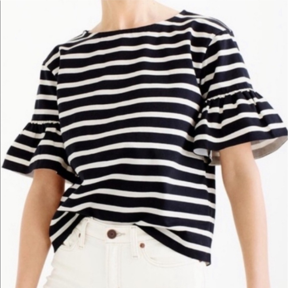 J Crew Mariner Cloth Striped Top Ruffle Sleeves